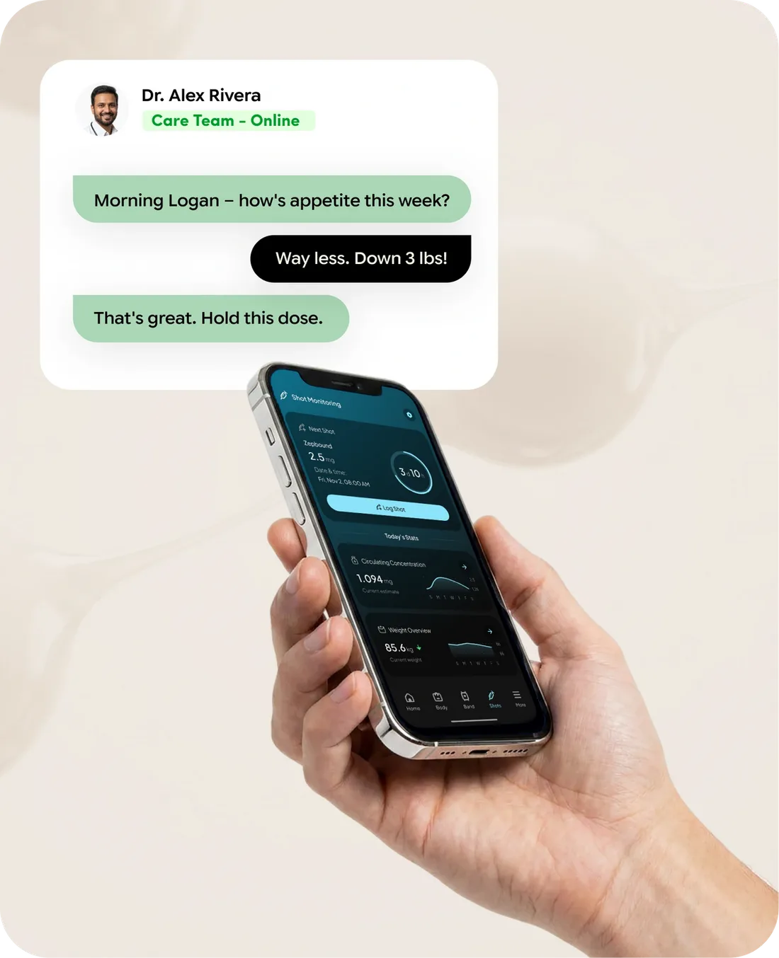 Telehealth app showing a message exchange with a care team clinician about dose and appetite