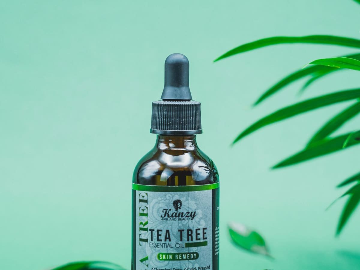 Bottle of tea tree oil, the natural antifungal ingredient with the strongest research backing