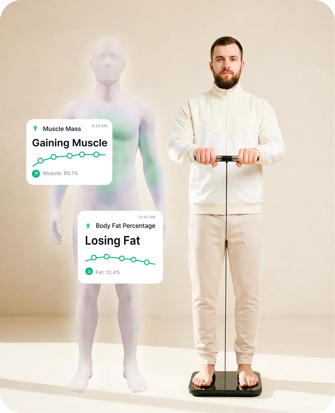Body composition scan showing muscle mass and body fat percentage tracked separately over time