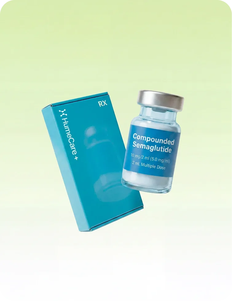 HumeCare+ branded box next to a vial labelled Compounded Semaglutide